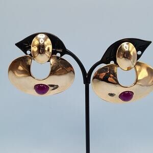 Vintage Chunky Dangle Clip Earrings, Purple Cabochons, Gold Tone, 1980s